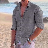 Men's casual button-up shirt, dark gray, 3/4 sleeves, button-front.