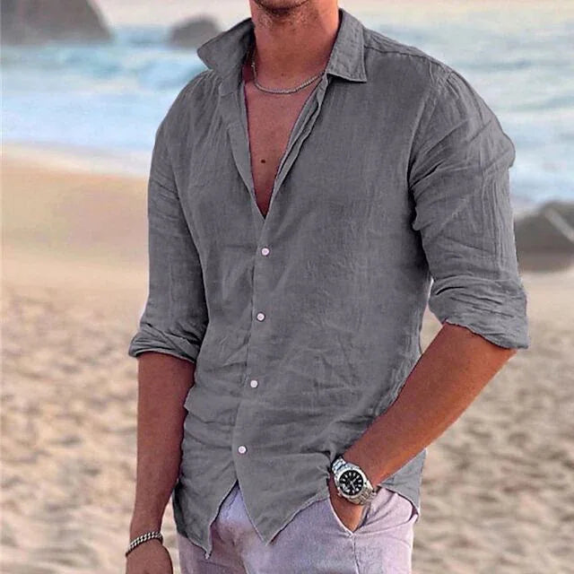 Men's casual button-up shirt, heather gray, slightly wrinkled, open collar.