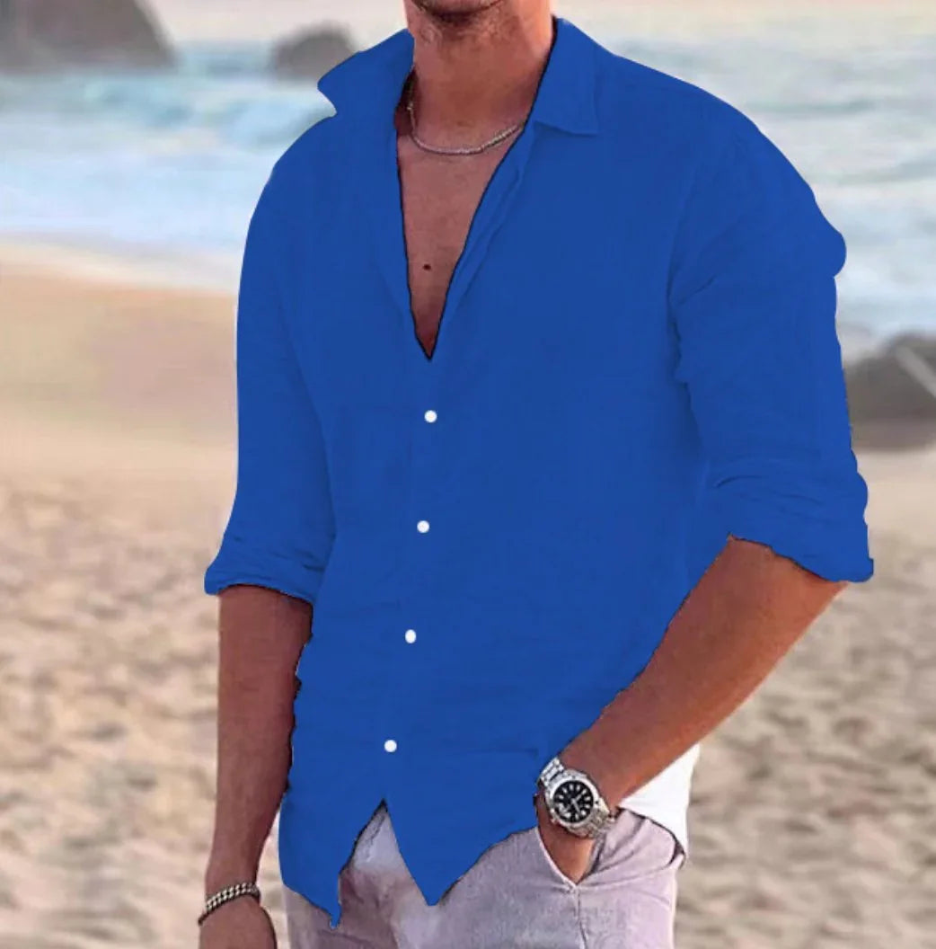 Men's casual button-up shirt, royal blue, 3/4 sleeves, button-front.