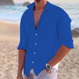 Men's casual button-up shirt, royal blue, 3/4 sleeves, button-front.