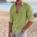 Men's casual button-up shirt, lime green, 3/4 sleeves, button-front.
