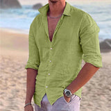Men's casual button-up shirt, lime green, 3/4 sleeves, button-front.
