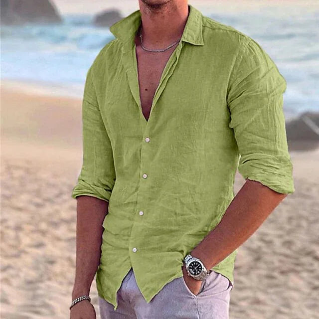Men's casual button-up shirt, lime green, 3/4 sleeves, button-front.