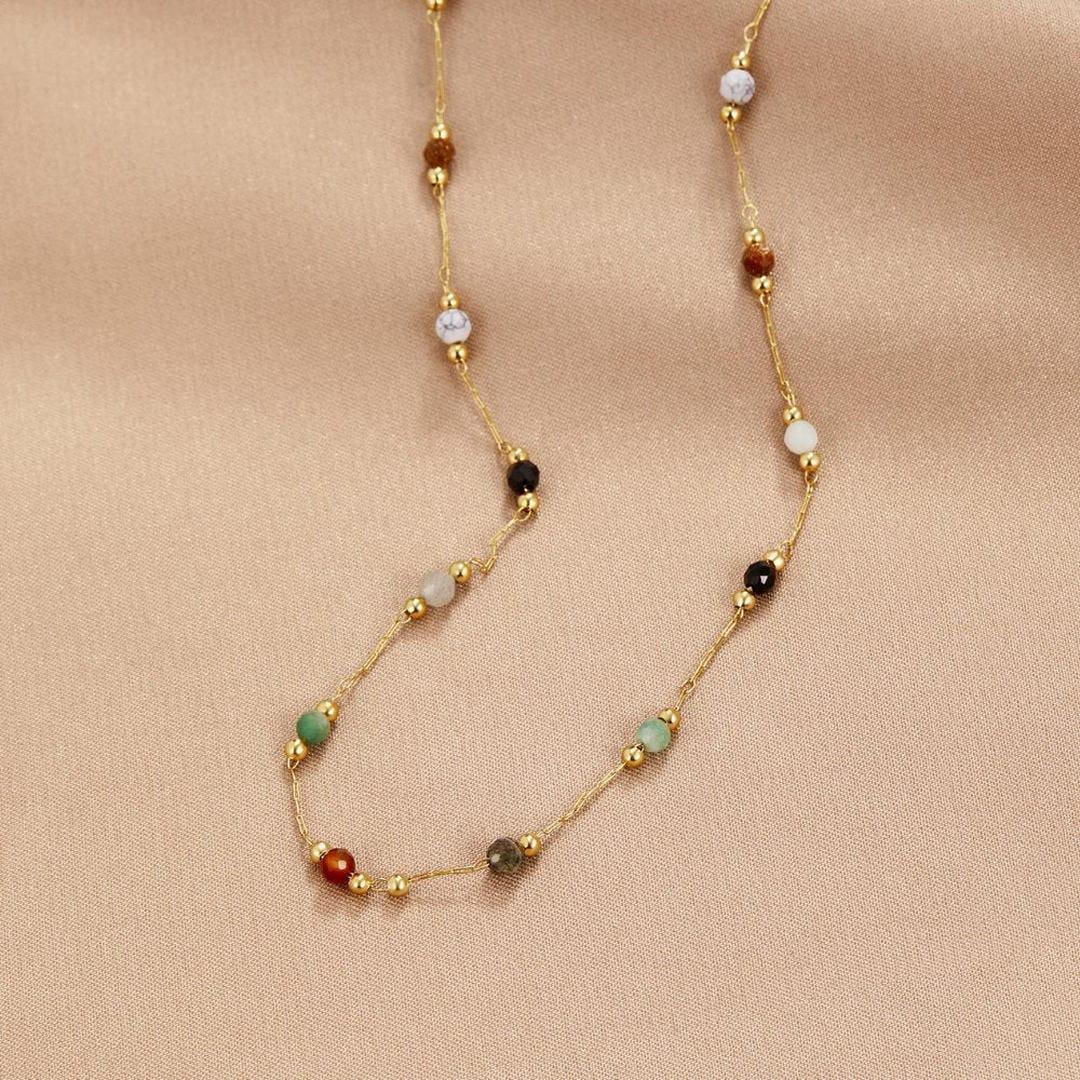 Gold gem necklace with multicolor bead stones, long strand view