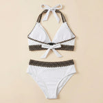 White triangle bikini set with crocheted zigzag trim and halter tie, high-waist briefs