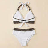 White triangle bikini set with crocheted zigzag trim and halter tie, high-waist briefs