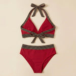 Red triangle bikini set with crocheted zigzag trim and tie halter, high-waist bottoms