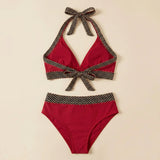 Red triangle bikini set with crocheted zigzag trim and tie halter, high-waist bottoms