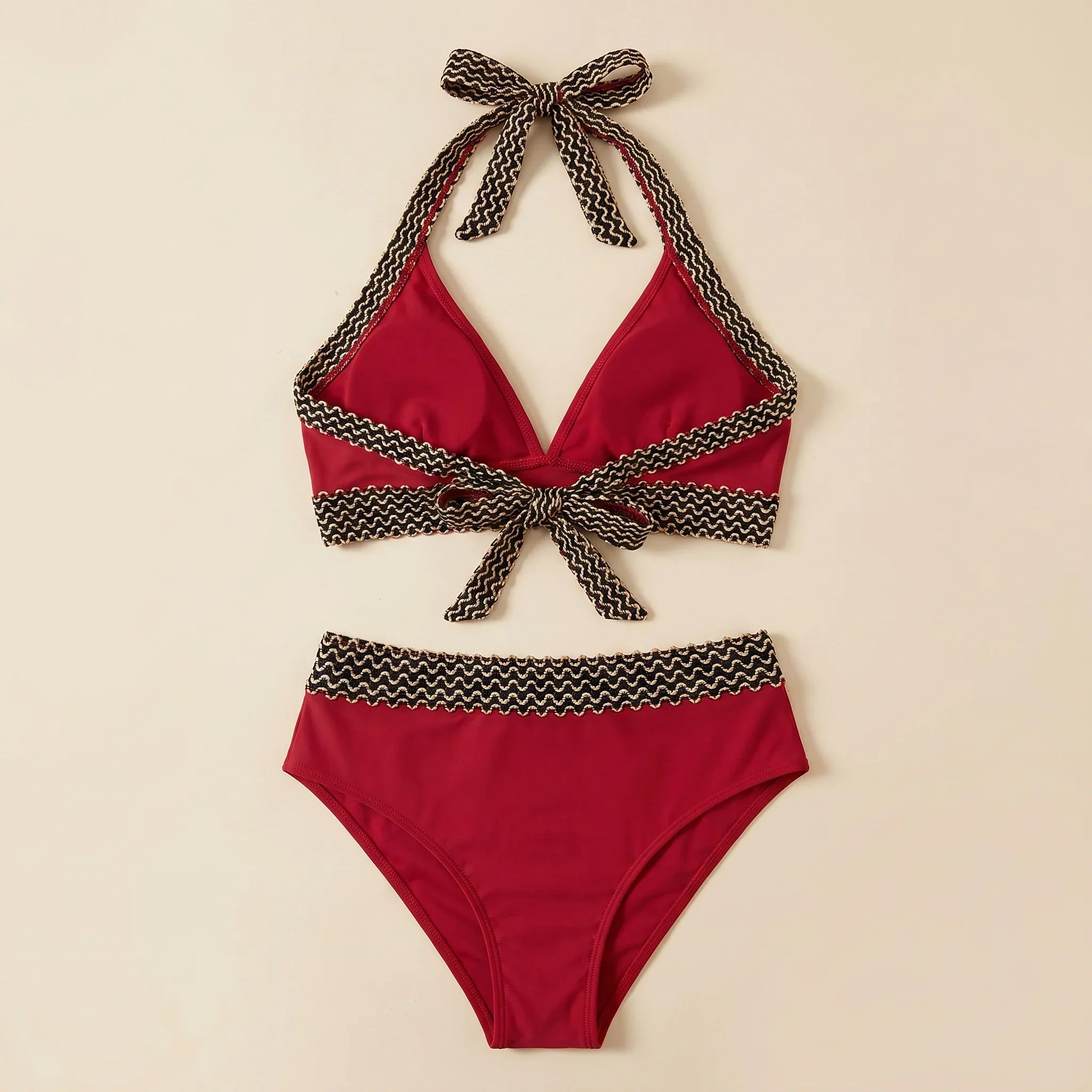 Red triangle bikini set with crocheted zigzag trim and tie halter, high-waist bottoms