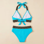 Sky blue triangle bikini set with crochet trim, halter tie bow, high-waist briefs