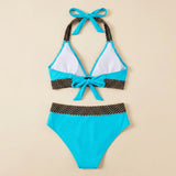 Sky blue triangle bikini set with crochet trim, halter tie bow, high-waist briefs