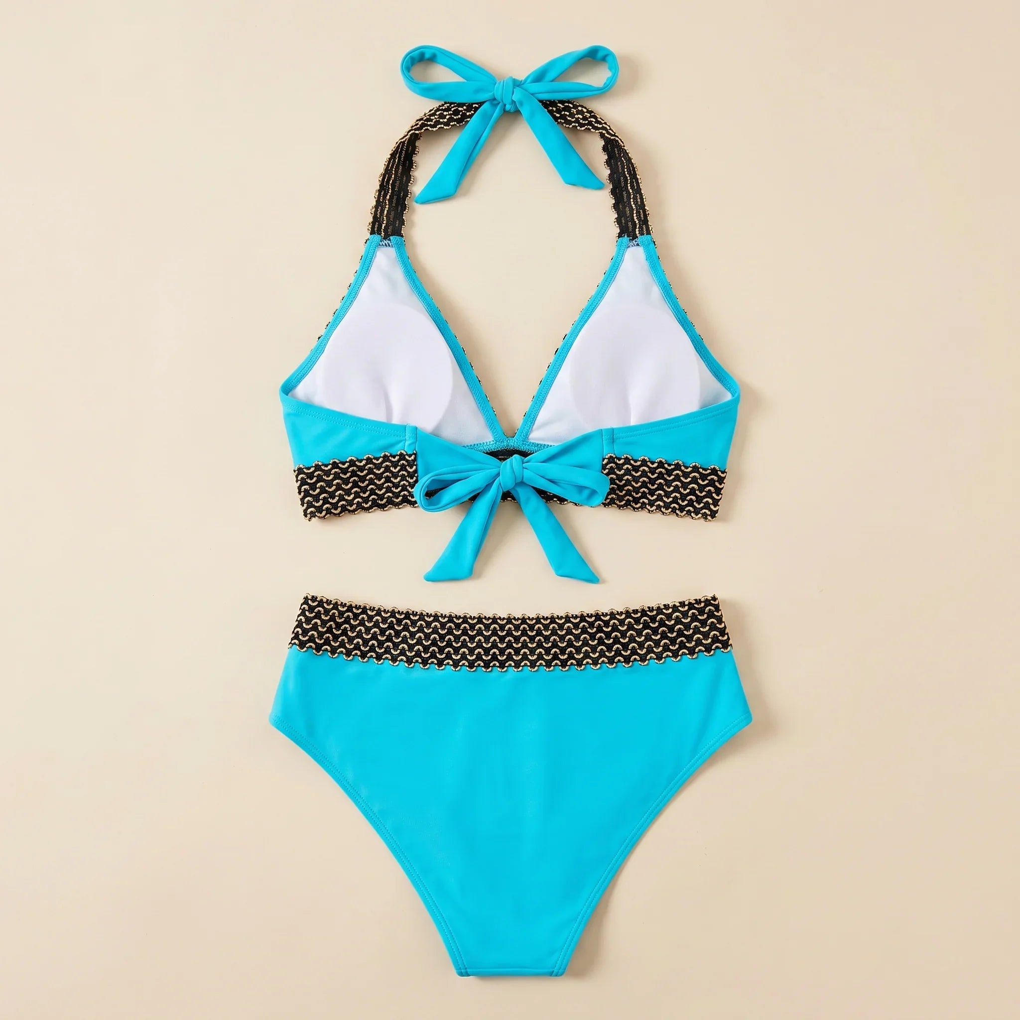 Sky blue triangle bikini set with crochet trim, halter tie bow, high-waist briefs