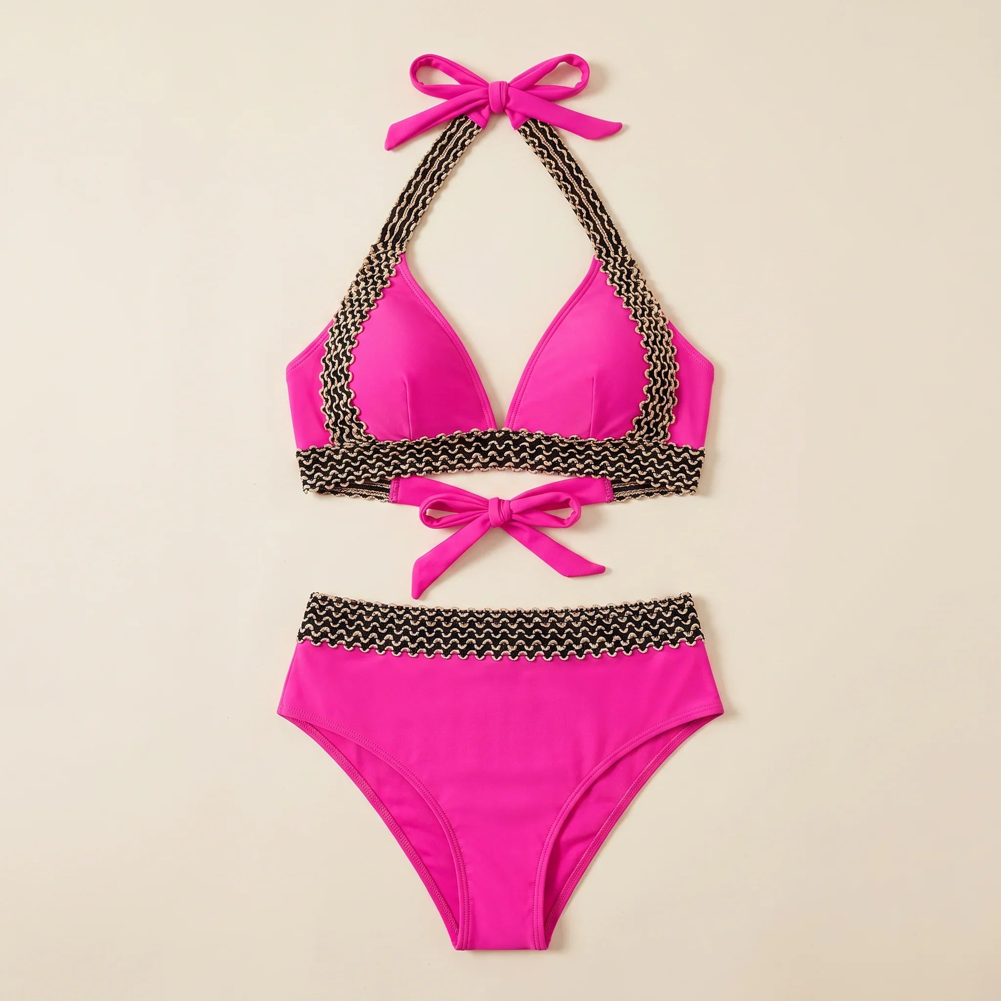 Pink triangle bikini set with crocheted zigzag trim and halter tie, high-waist bottoms