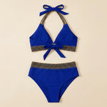 Navy blue triangle bikini set with crocheted zigzag trim and halter bow ties, briefs