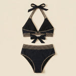 Black triangle bikini set with crocheted zigzag trim and bow tie, high-waist briefs
