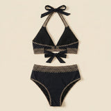 Black triangle bikini set with crocheted zigzag trim and bow tie, high-waist briefs