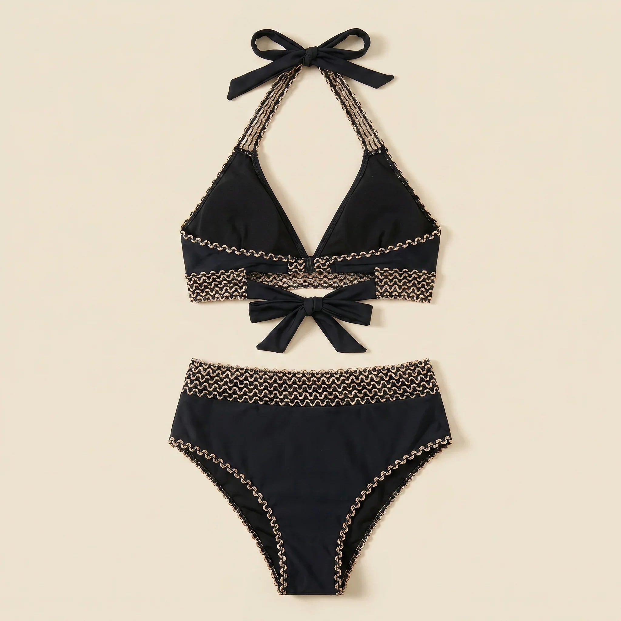 Black triangle bikini set with crocheted zigzag trim and bow tie, high-waist briefs