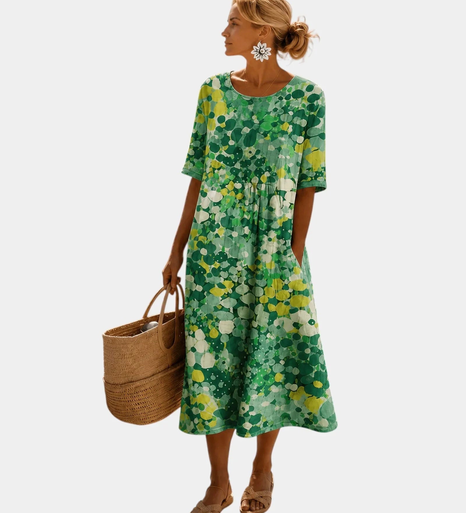 Green floral midi dress with short sleeves, scoop back, gathered skirt