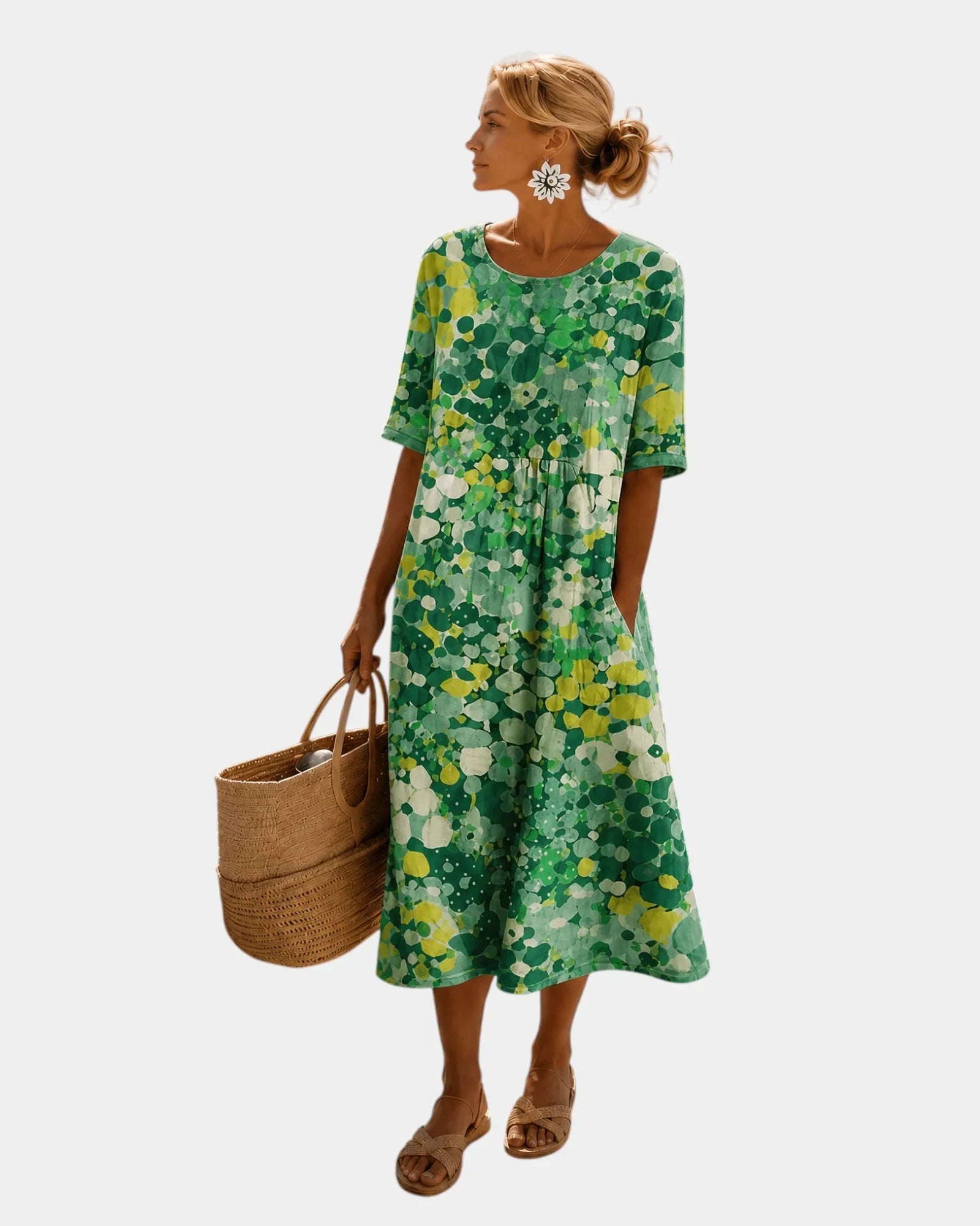 Green floral midi dress with short sleeves, scoop back, gathered skirt