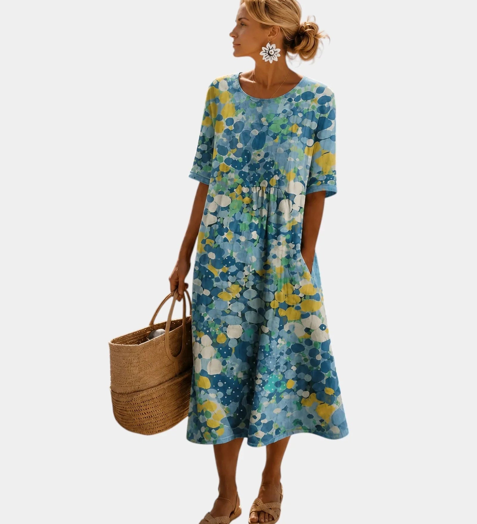 Blue floral midi dress with short sleeves, scoop back, gathered skirt