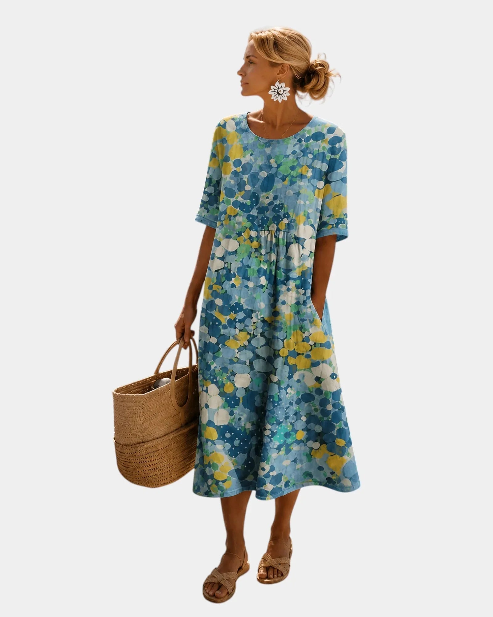 Blue floral midi dress with short sleeves, scoop back, gathered skirt