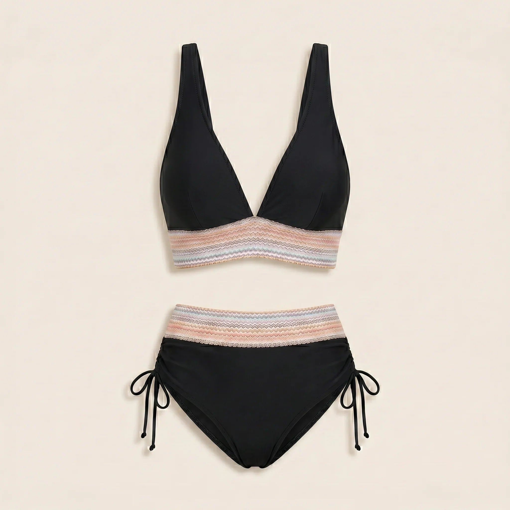 Black two-piece swimsuit set: V-neck triangle top and high-waist tie-side bottoms with striped band.