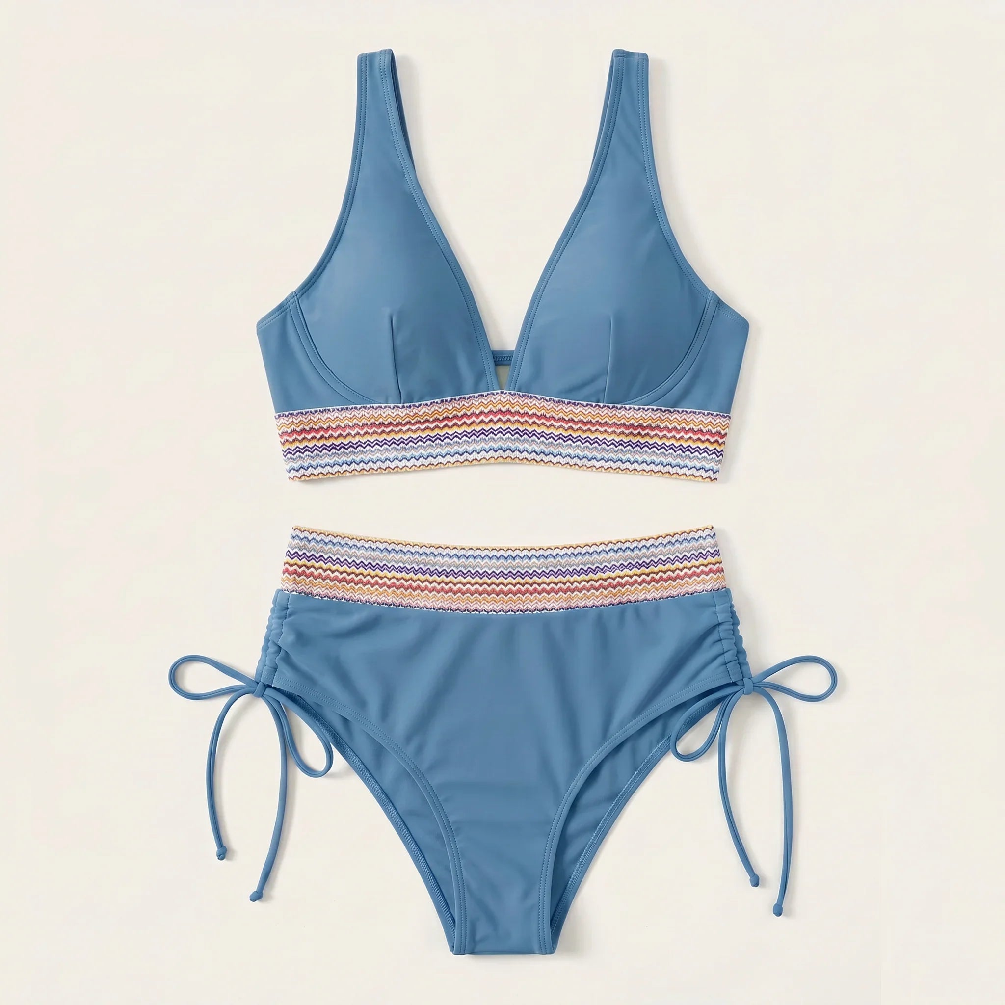 Mid blue two-piece swimsuit: V-neck top with striped band, tie-side bikini bottoms