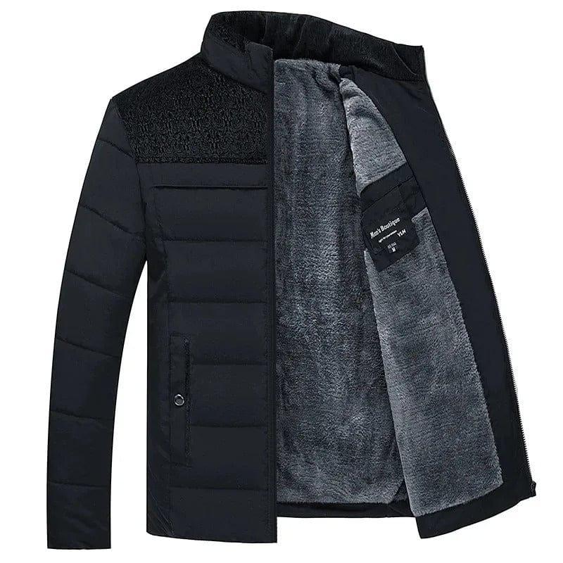 Men's insulated jacket, black outer with gray lining and open front detail