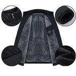Men's insulated jacket, black shell with gray lining and zip-pull pocket closeups
