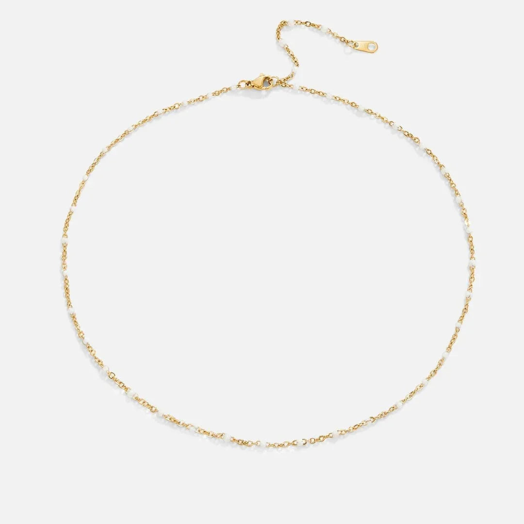 Gold pearl beaded necklace with clasp and extender chain, full length