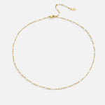 Gold pearl beaded necklace with clasp and extender chain, full length