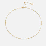 Gold pearl beaded necklace with clasp and extender chain, full length