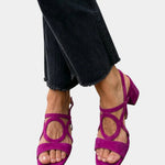 Purple square-toe sandals with rounded cutout straps and ankle buckle
