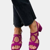 Purple square-toe sandals with rounded cutout straps and ankle buckle