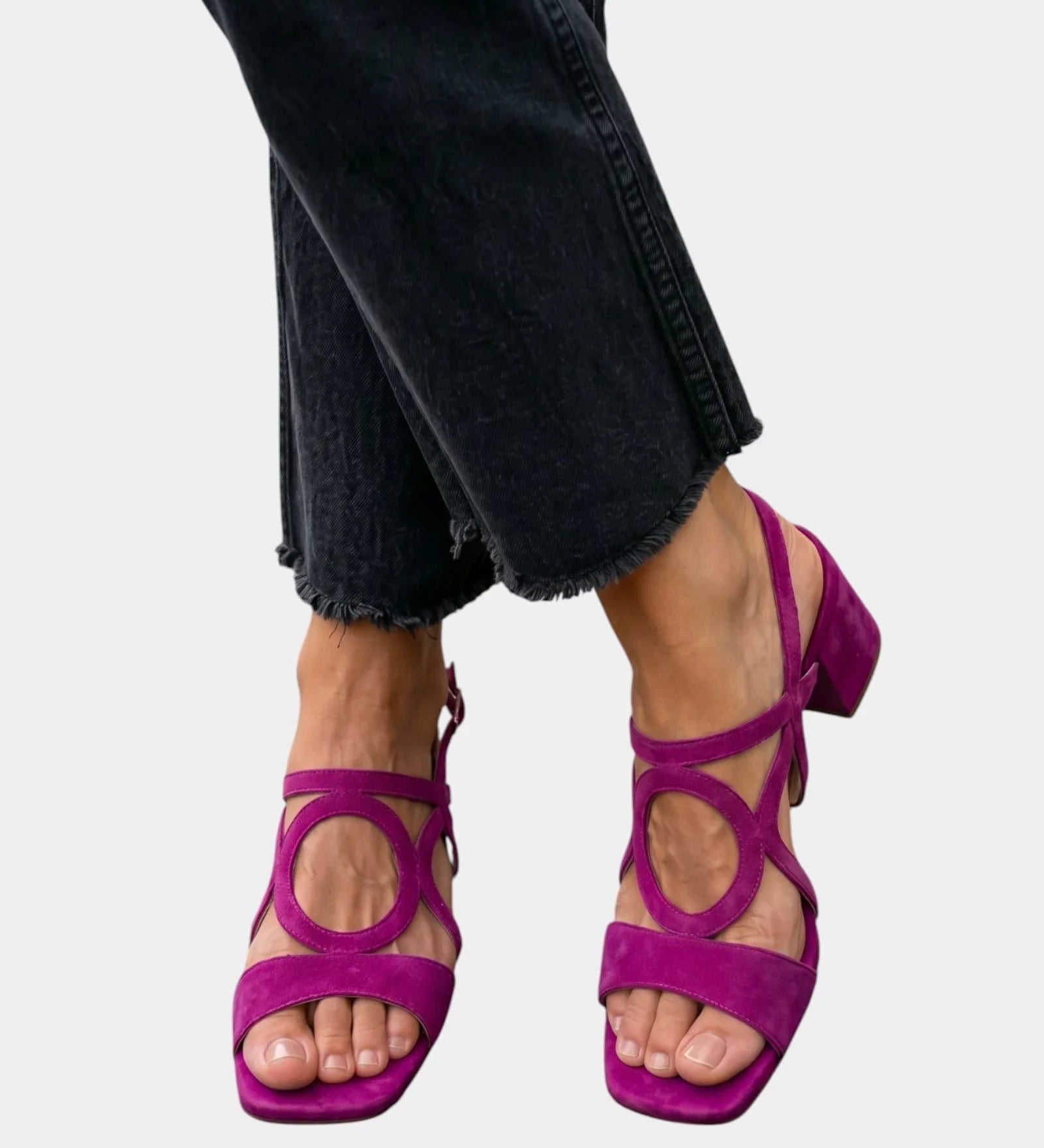 Purple square-toe sandals with rounded cutout straps and ankle buckle