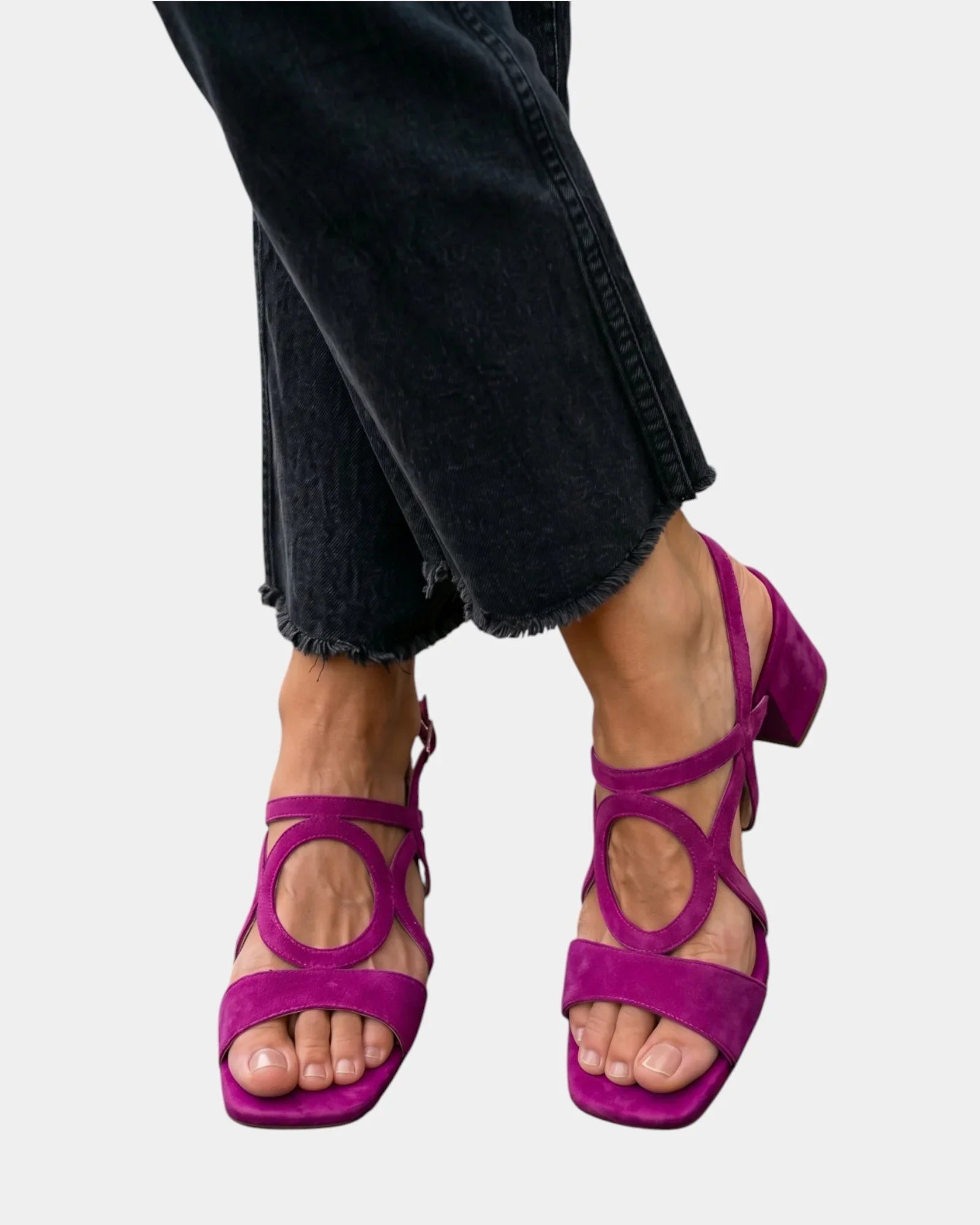 Purple square-toe sandals with rounded cutout straps and ankle buckle