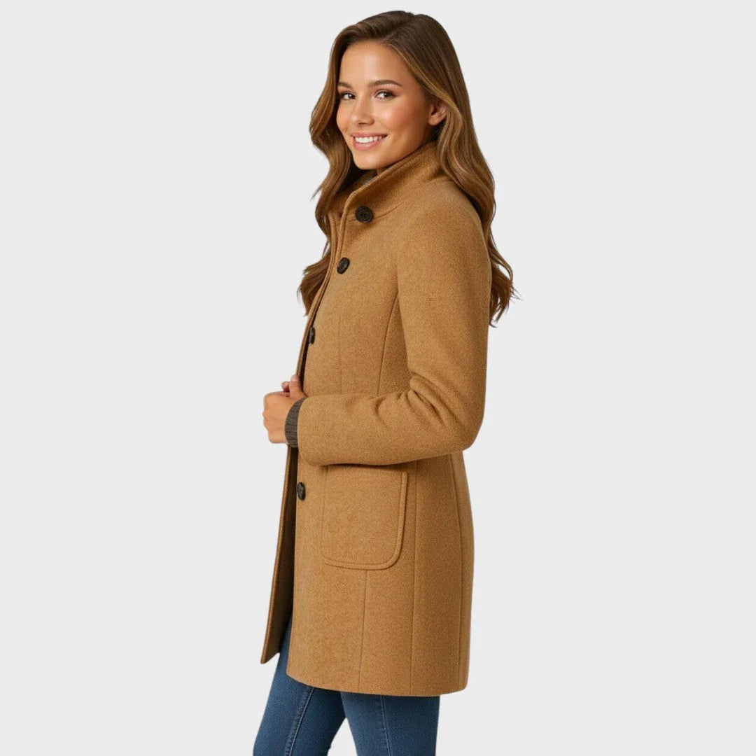 Women’s button-front coat in tan with notched collar and chest pockets