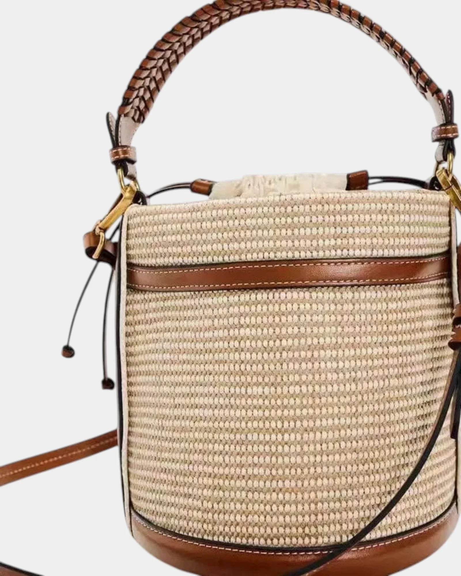 Beige-and-brown knitted bucket bag with top drawstring and leather strap detail