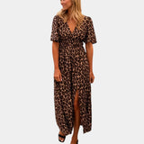 Leopard print midi dress with V-neck and short puff sleeves