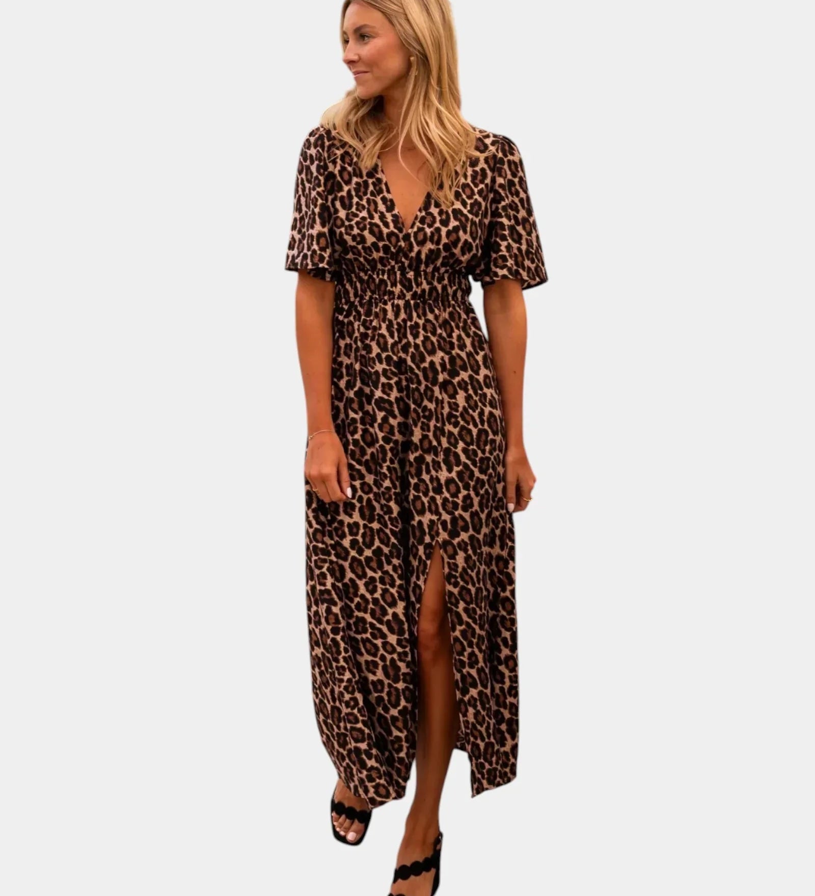 Leopard print midi dress with V-neck and short puff sleeves