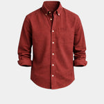 Copper-red casual button-up shirt with button front and chest pocket