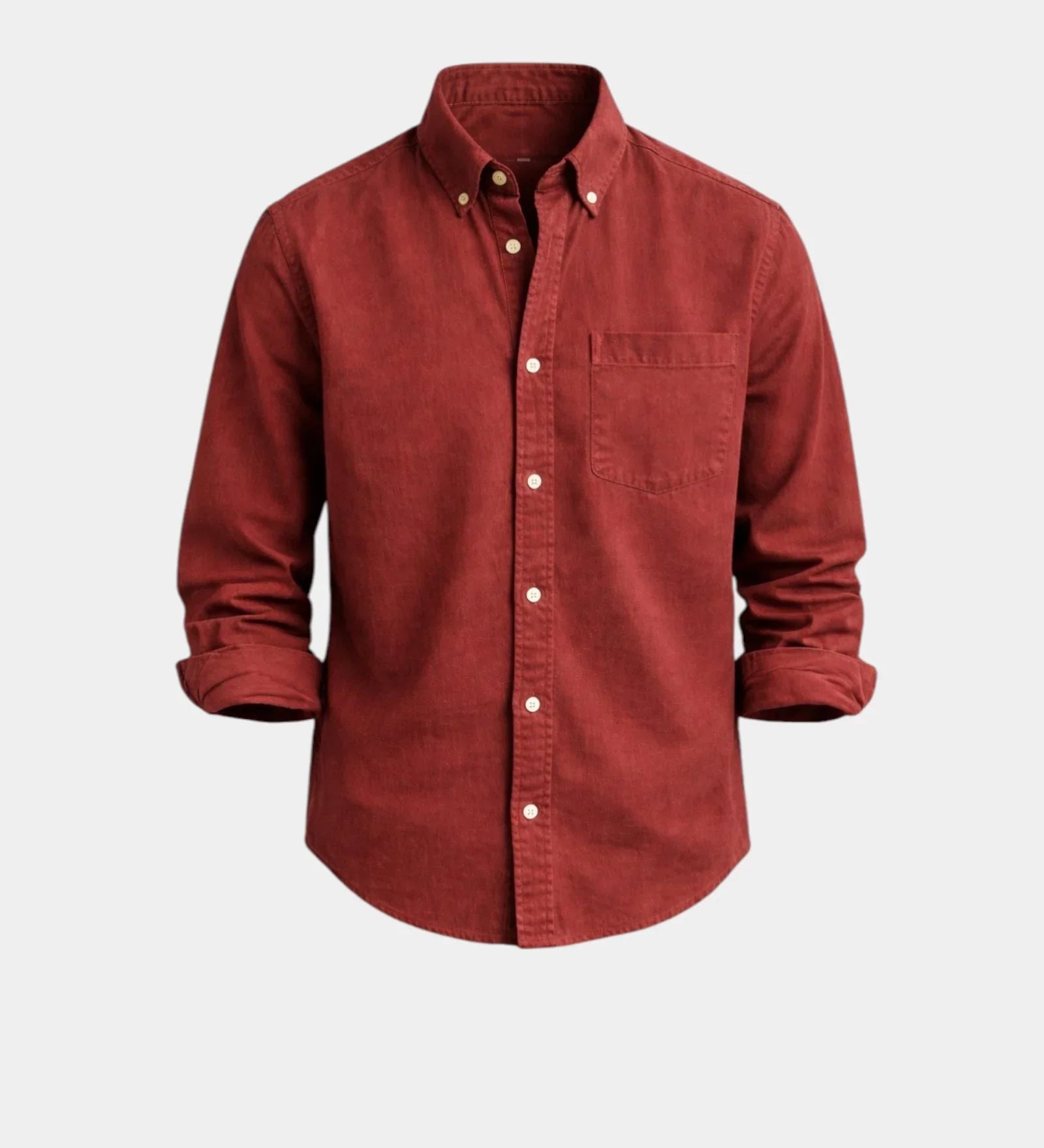Copper-red casual button-up shirt with button front and chest pocket