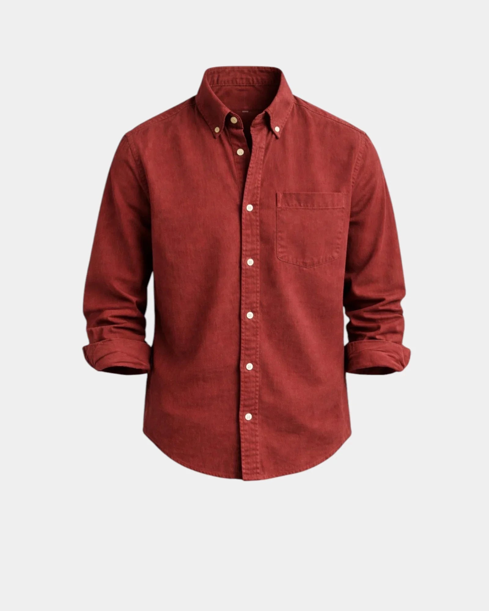 Copper-red casual button-up shirt with button front and chest pocket
