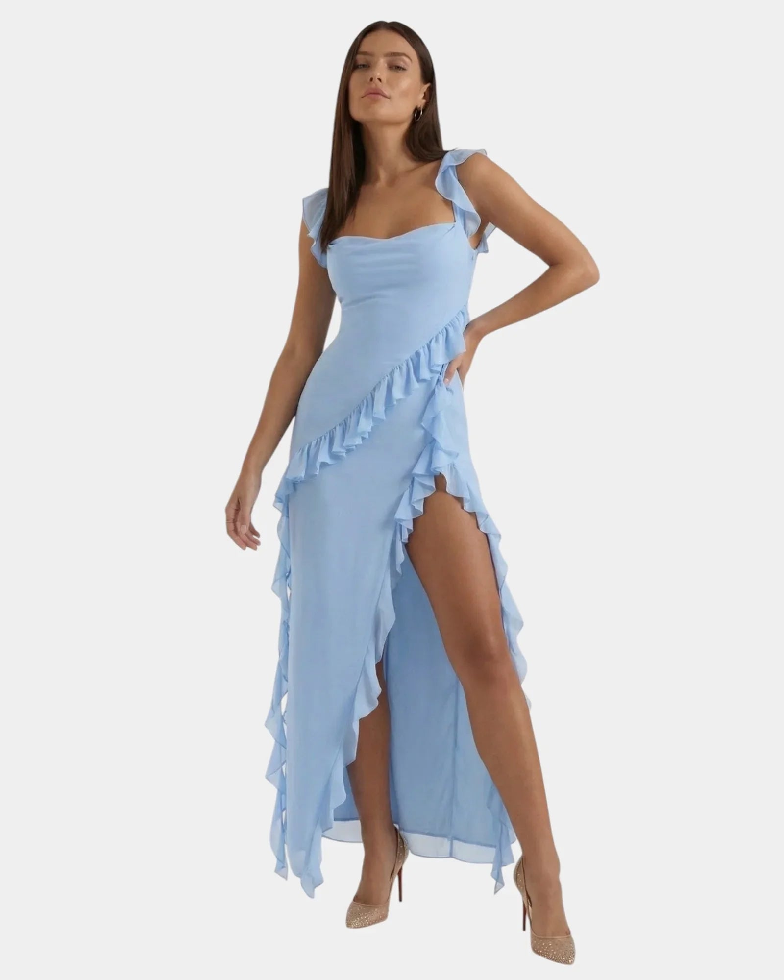 Sky blue ruffle long dress with square neckline and asymmetrical layered skirt