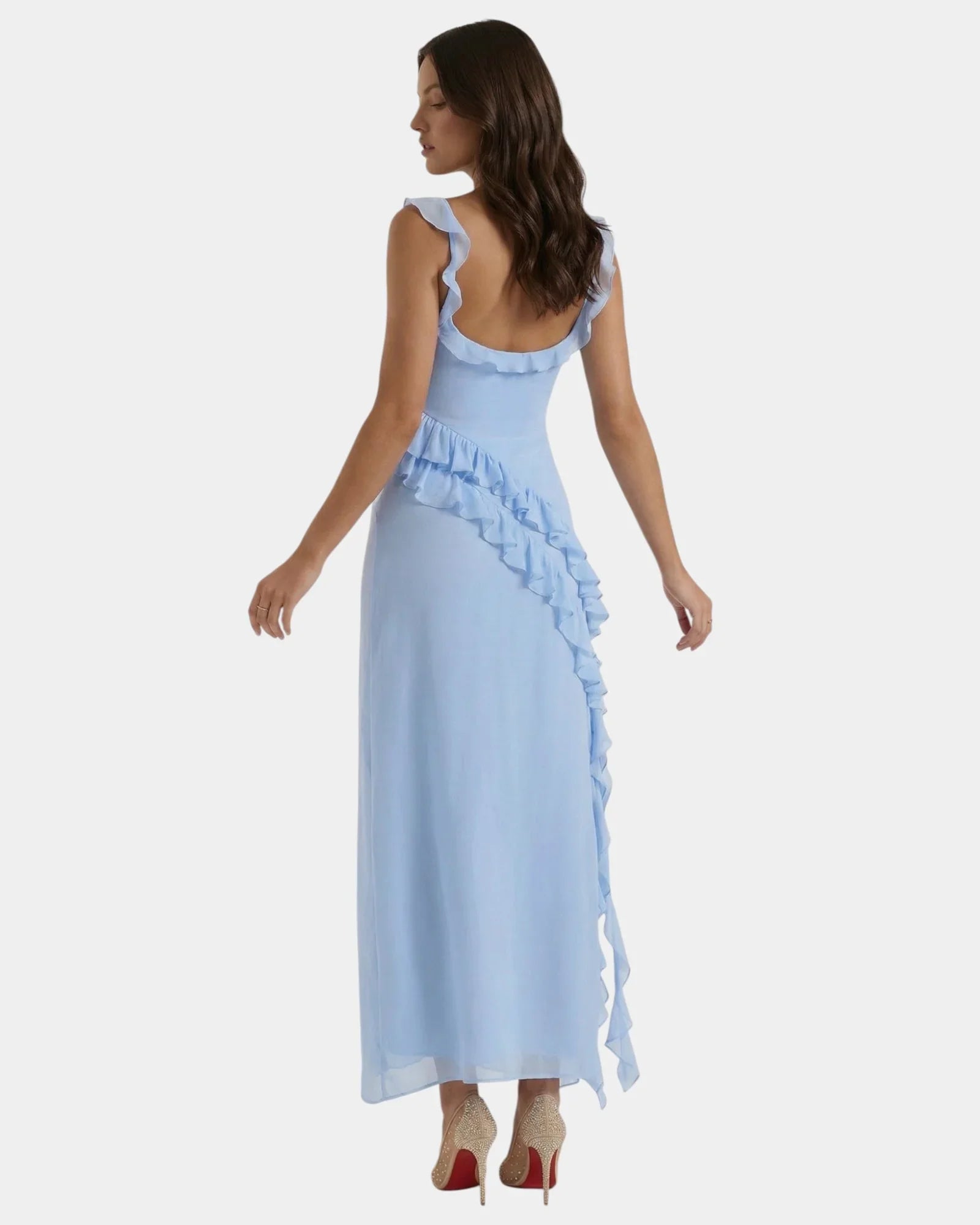 Sky blue long dress back with spaghetti straps and ruffled neckline