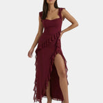 Burgundy long dress with square neckline and layered ruffle skirt
