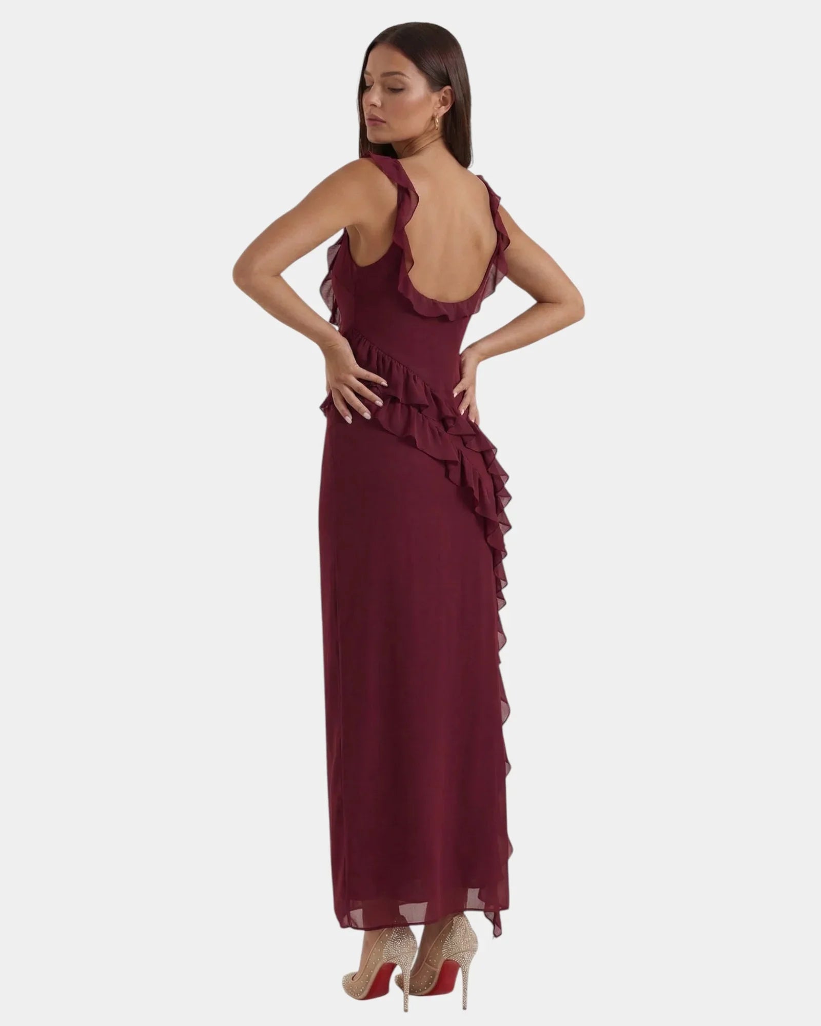 Burgundy sleeveless long dress with ruffle trim and layered hem, side slit