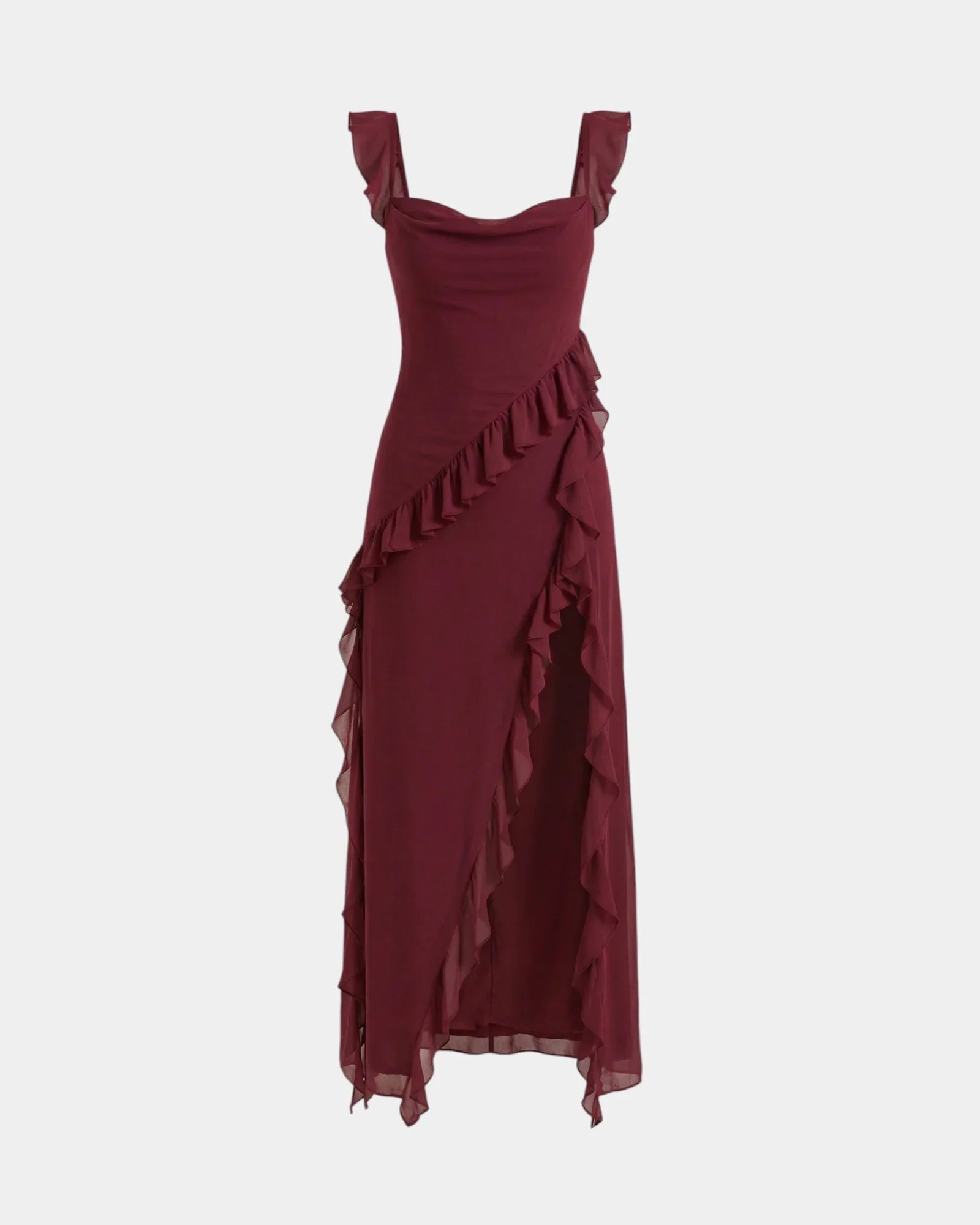 Burgundy long dress with square neckline, ruffled bodice, layered hem and side slit