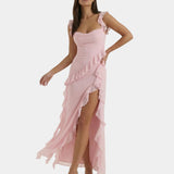 Light pink long dress with ruffled trim and side slit, sleeveless square neckline