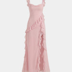 Light pink long dress with ruffled layered skirt and sleeveless square neckline